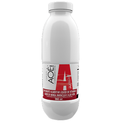 Aoé Supreme Suplemento alimentar líquido de vitamina E sabor de manga, maracujá e aloe vera.
