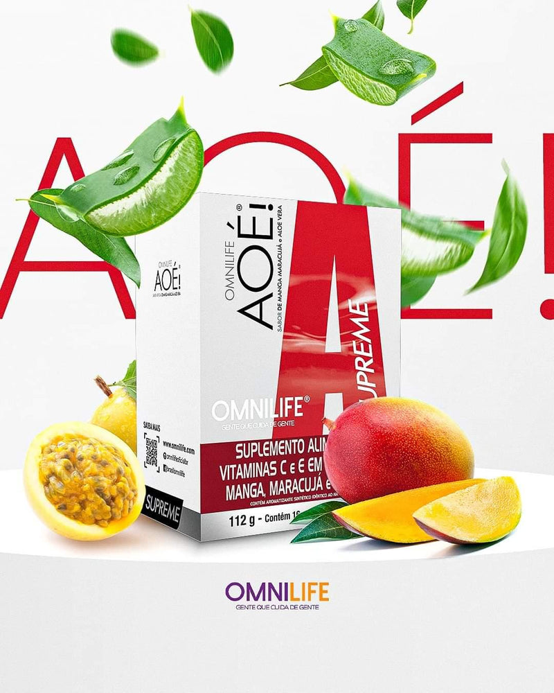 Aoé Supreme Suplemento alimentar de vitaminas C e E em pó sabor de manga, maracujá e aloe veraOmnilifeAoé Supreme Omnilife Manga - SuperNutriOmniAoé Supreme Omnilife Manga - SuperNutriOmniSuperNutriOmni