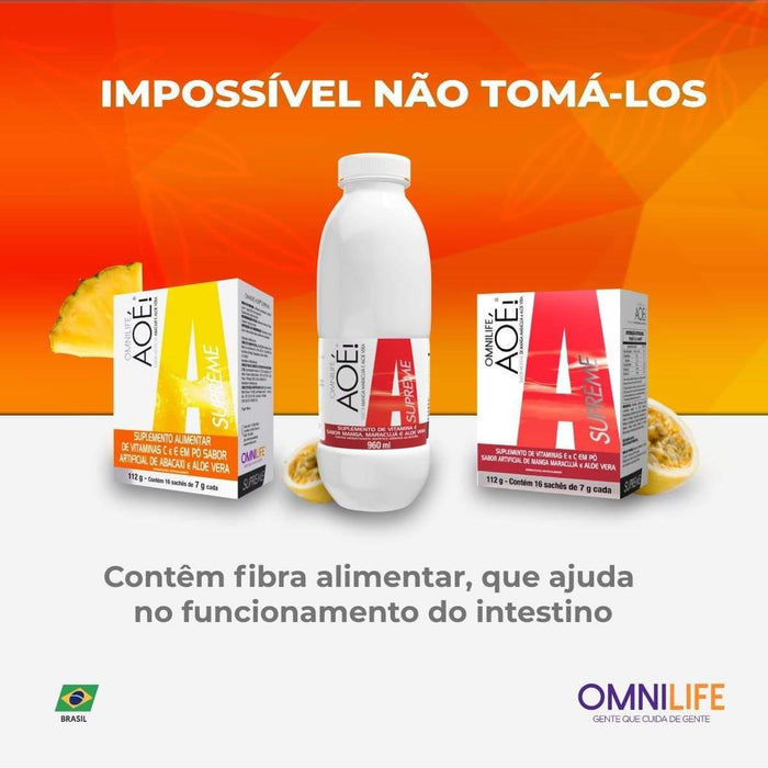Aoé Supreme Suplemento alimentar líquido de vitamina E sabor de manga, maracujá e aloe veraOmnilifeAoé Supreme Omnilife - SuperNutriOmniAoé Supreme Pote 960ml - SuperNutriOmniSuperNutriOmni