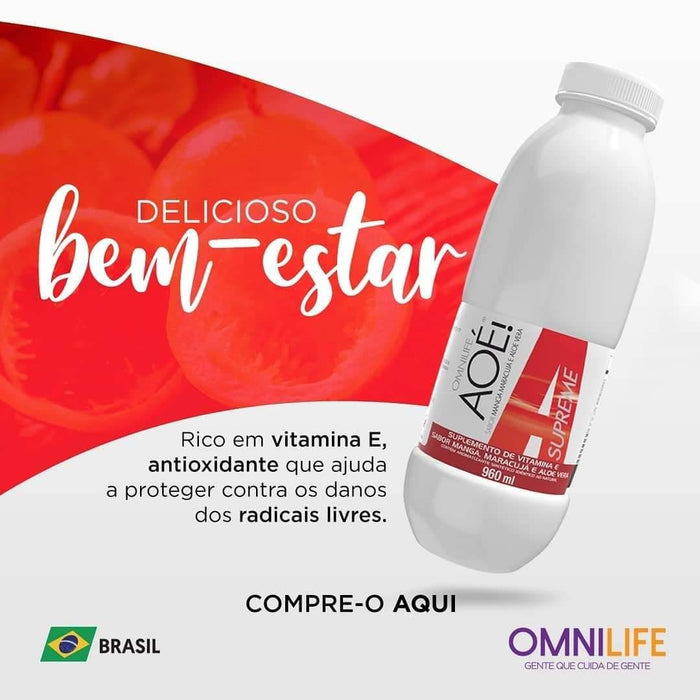 Aoé Supreme Suplemento alimentar líquido de vitamina E sabor de manga, maracujá e aloe veraOmnilifeAoé Supreme Omnilife - SuperNutriOmniAoé Supreme Pote 960ml - SuperNutriOmniSuperNutriOmni