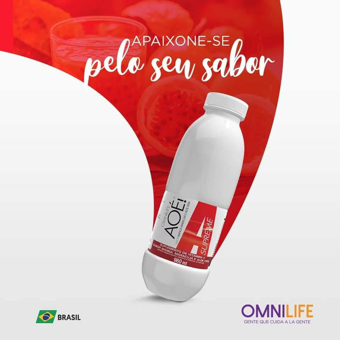 Aoé Supreme Suplemento alimentar líquido de vitamina E sabor de manga, maracujá e aloe veraOmnilifeAoé Supreme Omnilife - SuperNutriOmniAoé Supreme Pote 960ml - SuperNutriOmniSuperNutriOmni
