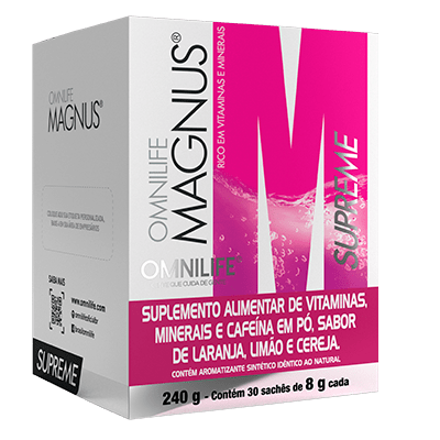Magnus Supreme Suplemento alimentar de vitaminas, minerais e cafeína em pó, sabor de laranja, limão e cerejaOmnilifeMagnus Supreme sfSuperNutriOmni