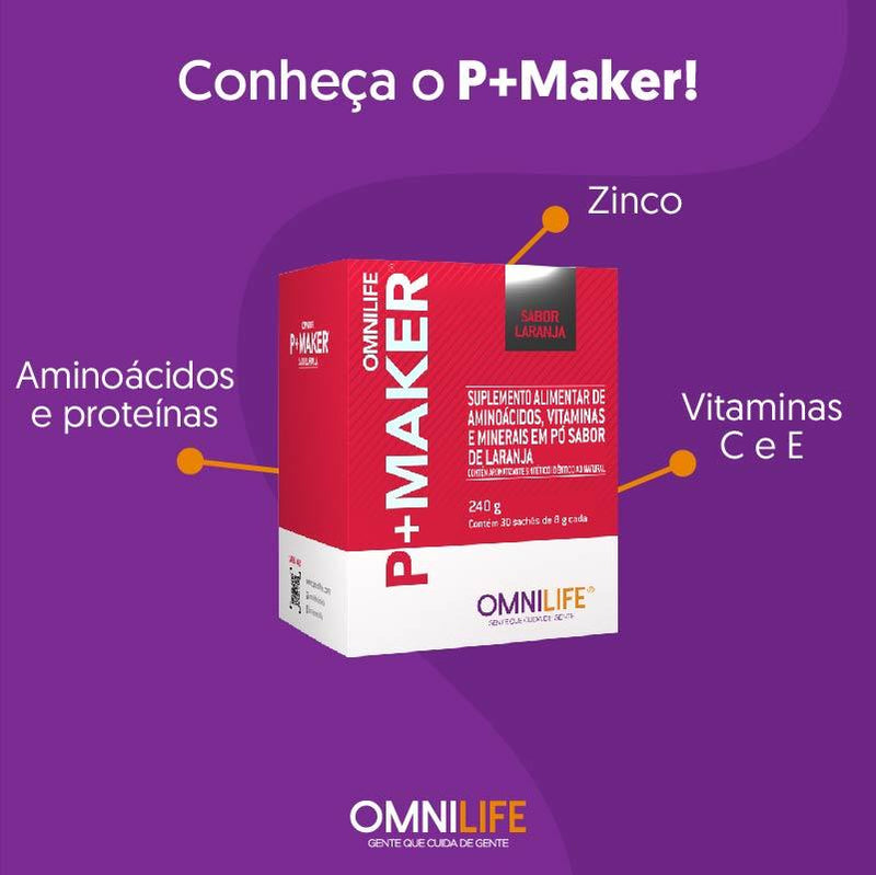 P+Maker Omnilife Suplemento alimentar de aminoácidos, vitaminas, minerais em pó, sabor de laranja.OmnilifeP+Maker Omnilife - SuperNutriOmniP+Maker Caixa com 30 saches, 240 gramas - SuperNutriOmniSuperNutriOmni