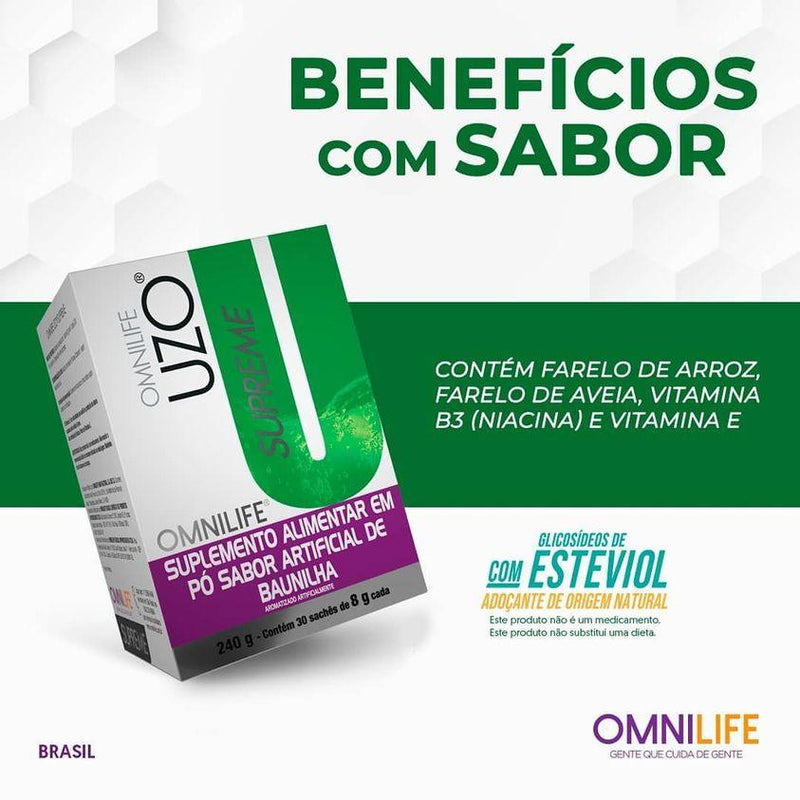 Uzo Supreme Suplemento alimentar em pó sabor artificial de baunilhaOmnilifeUzo Supreme Omnilife - SuperNutriOmniUzo Supreme Caixa c/ 30 sachês 240g - SuperNutriOmniSuperNutriOmni